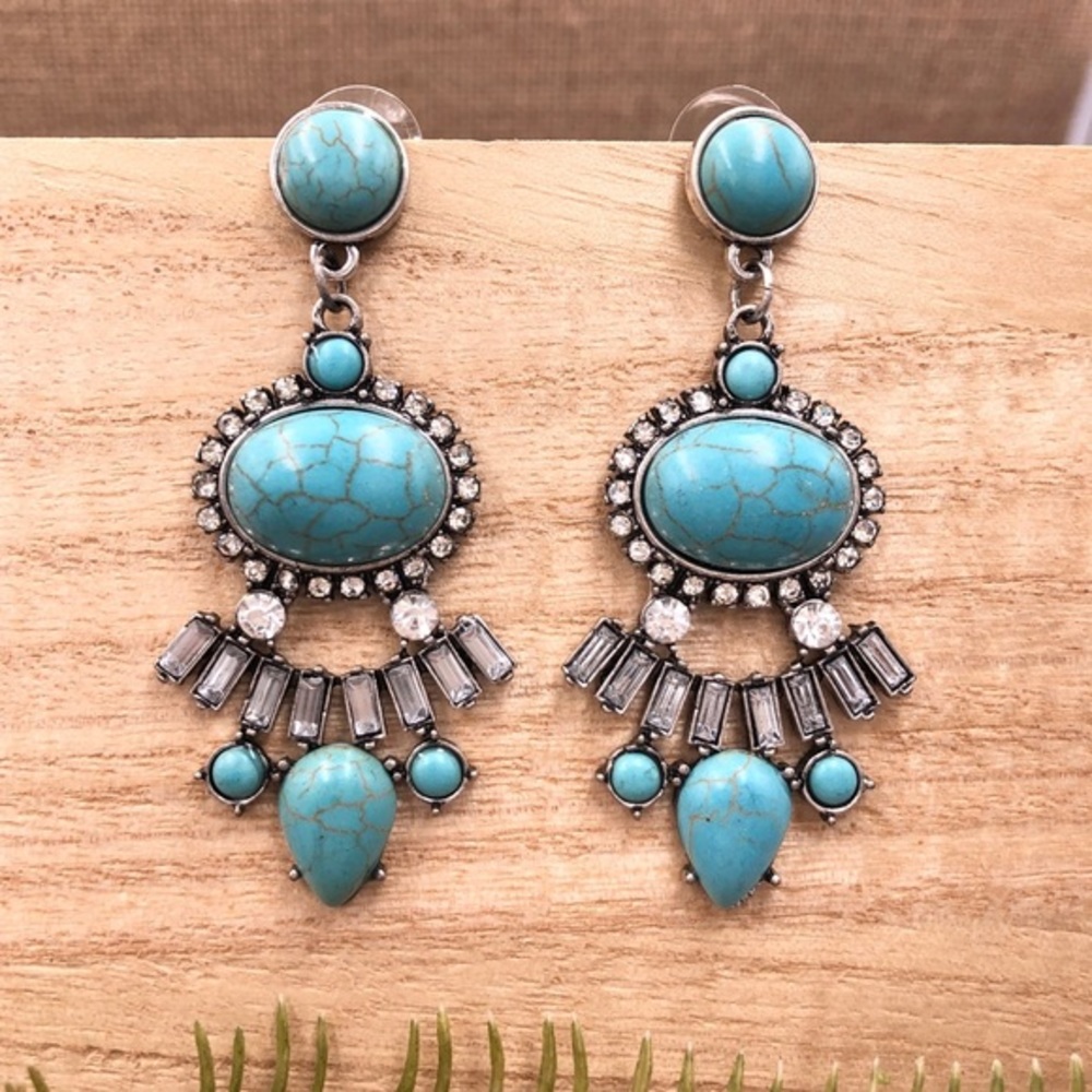 🌼 Unique Turquoise & Rhinestone Earrings - Picture 1 of 4